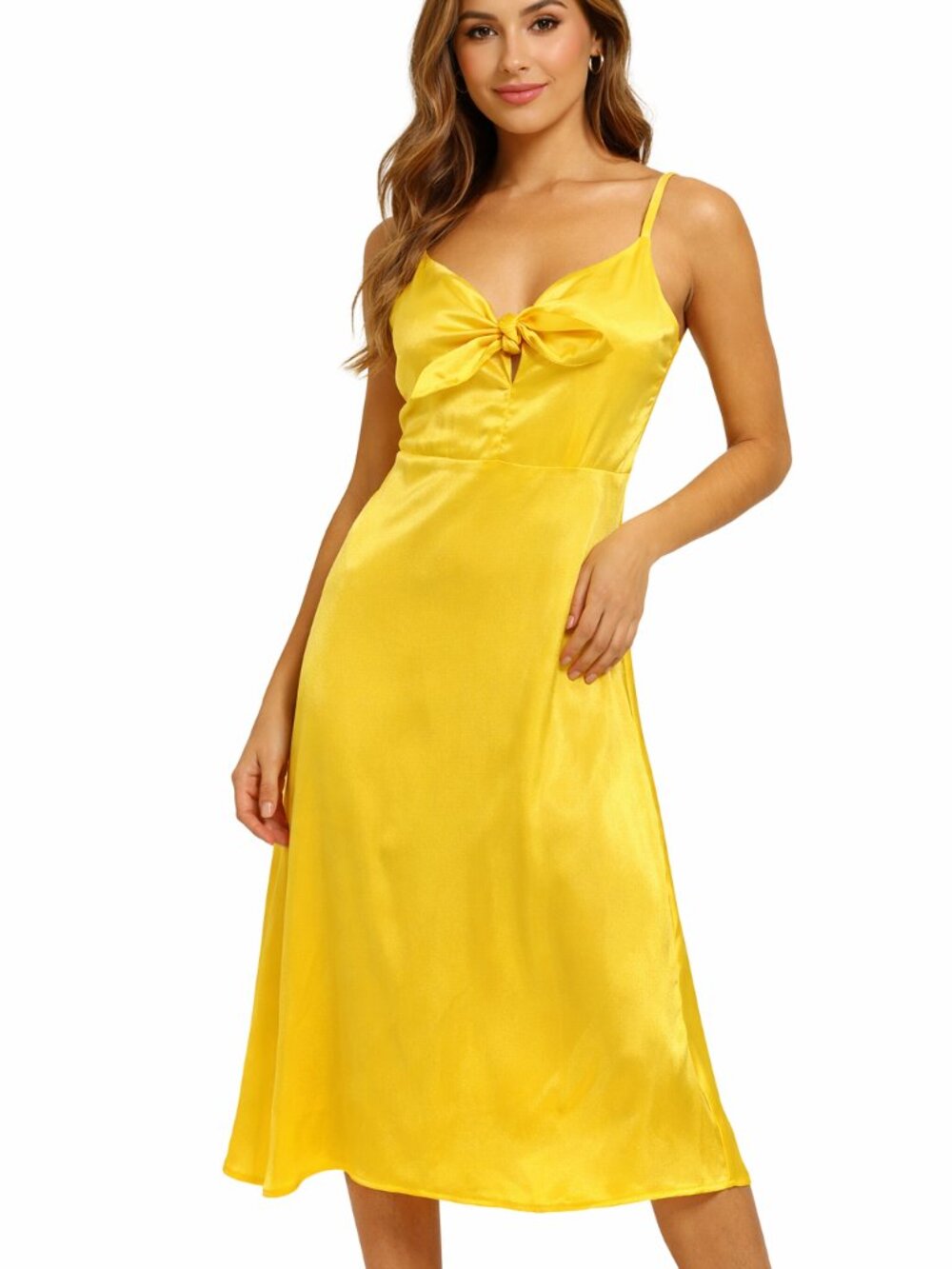 Socialite Yellow Satin Slip Dress M Tie Front Midi Sleeveless NWOT Elegant